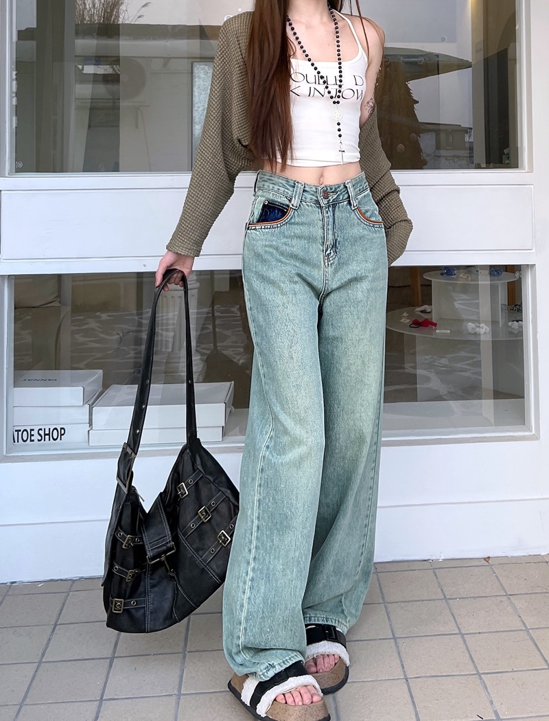 Washed high waist long pants straight wide leg pants for women