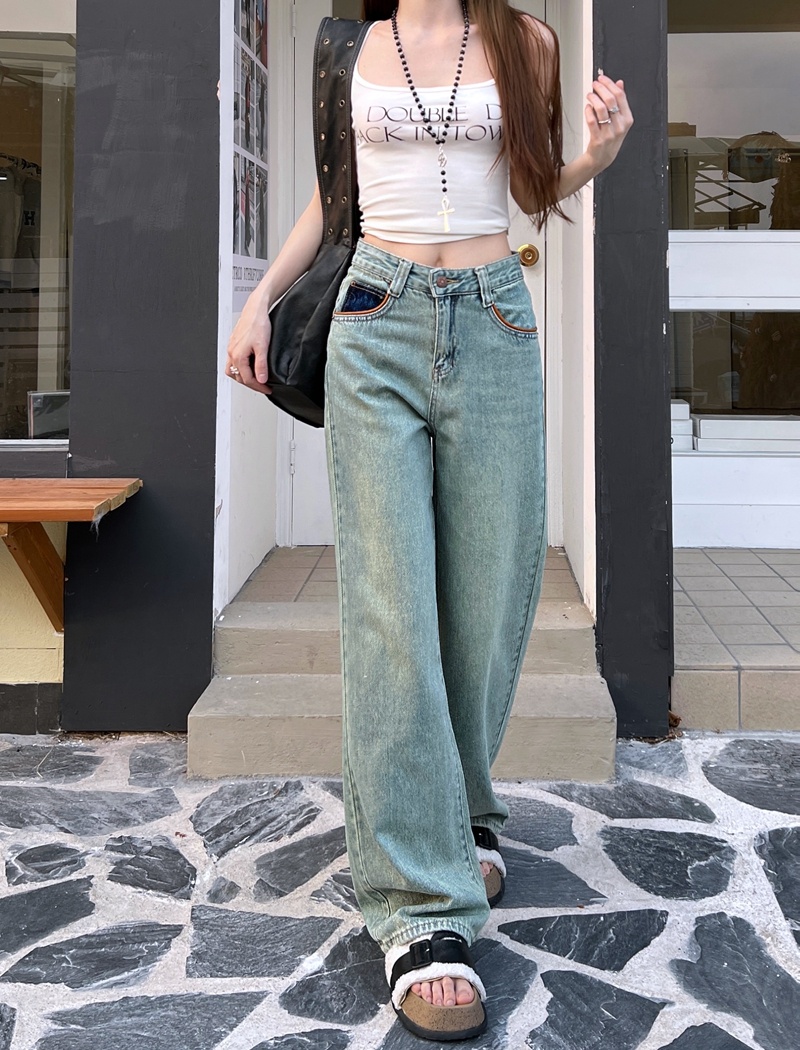 Washed high waist long pants straight wide leg pants for women