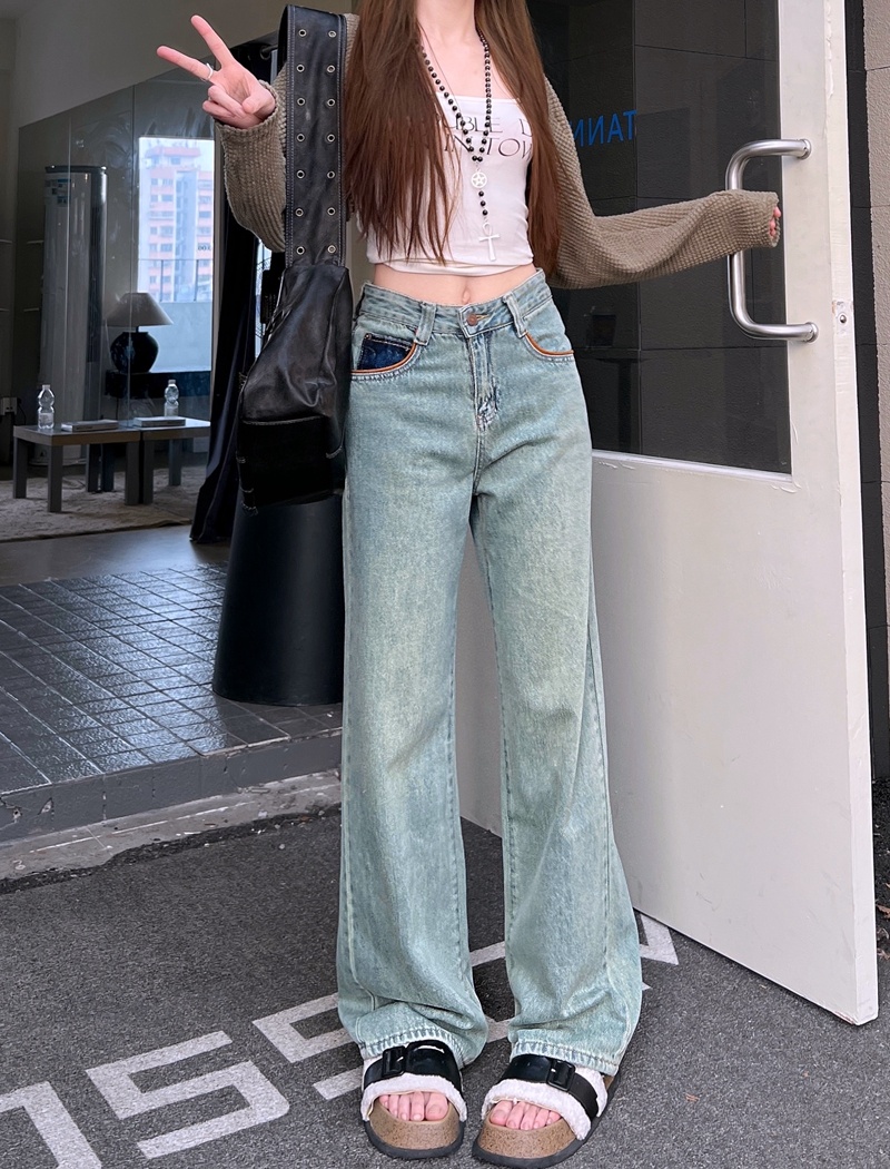 Washed high waist long pants straight wide leg pants for women