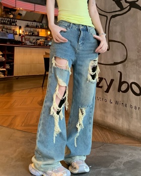 Slim holes long pants denim summer wide leg pants for women