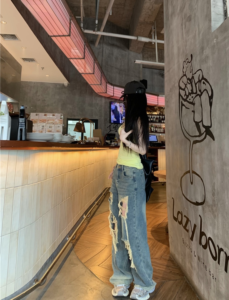 Slim holes long pants denim summer wide leg pants for women