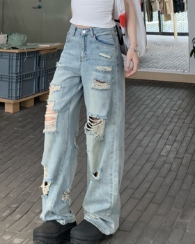 Wide leg retro long pants mopping holes jeans for women