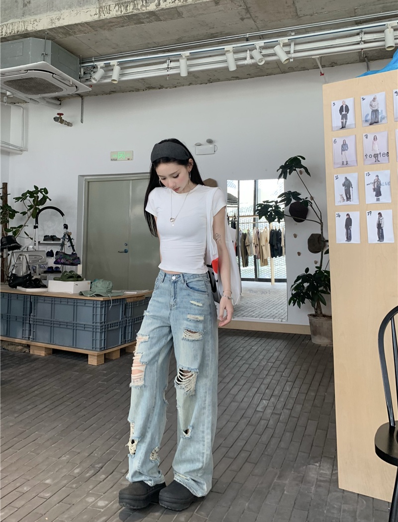 Wide leg retro long pants mopping holes jeans for women