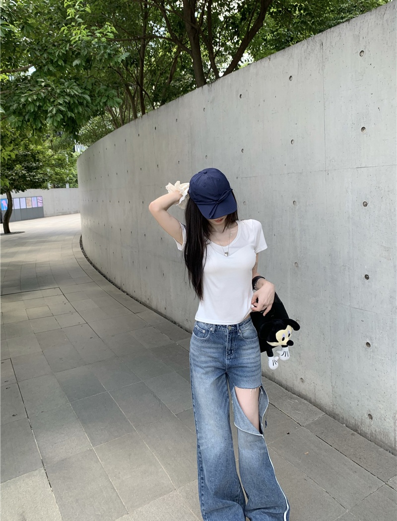 Holes wide leg lazy straight loose slim high waist jeans for women