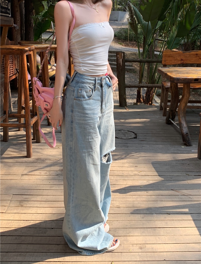 All-match holes long pants summer wide leg pants for women