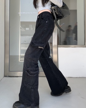 High waist speaker long pants black-gray pants for women