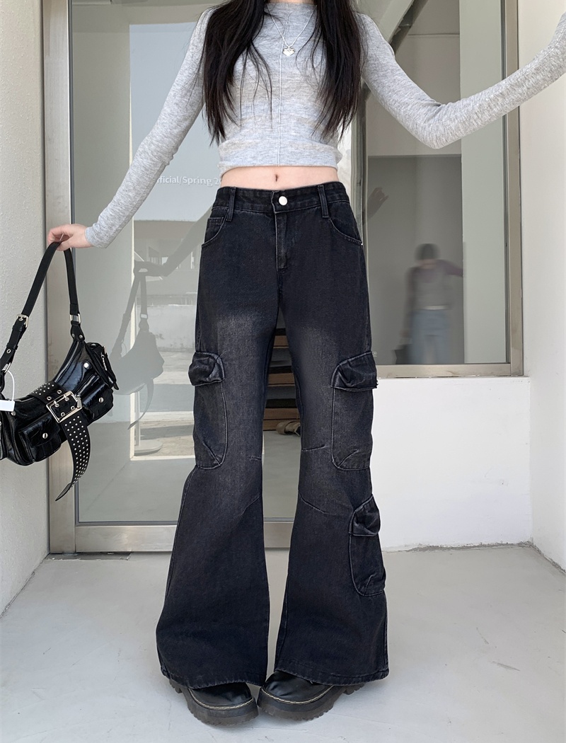 High waist speaker long pants black-gray pants for women