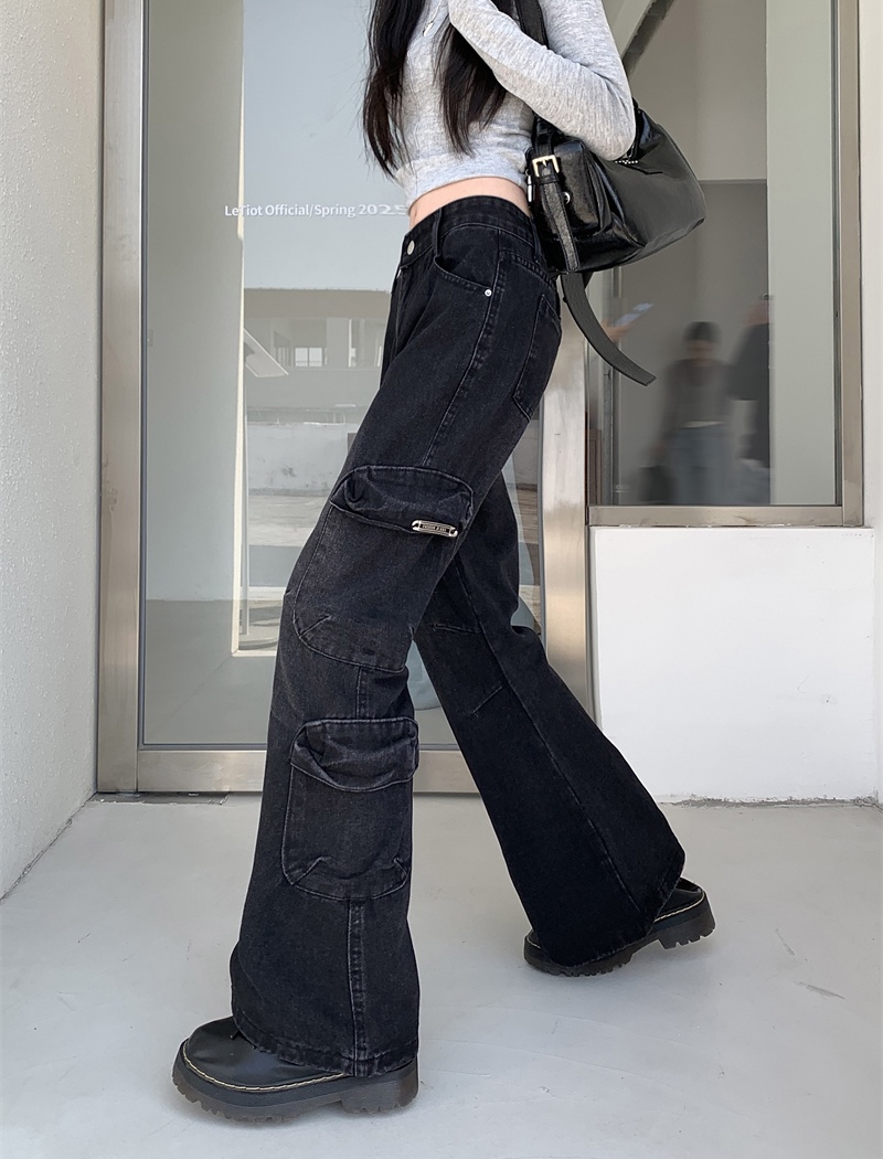 High waist speaker long pants black-gray pants for women