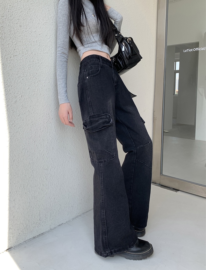 High waist speaker long pants black-gray pants for women