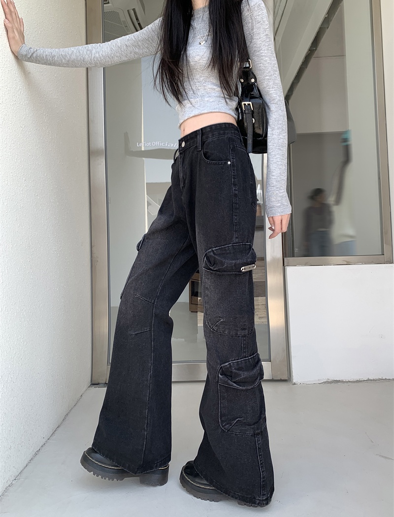 High waist speaker long pants black-gray pants for women