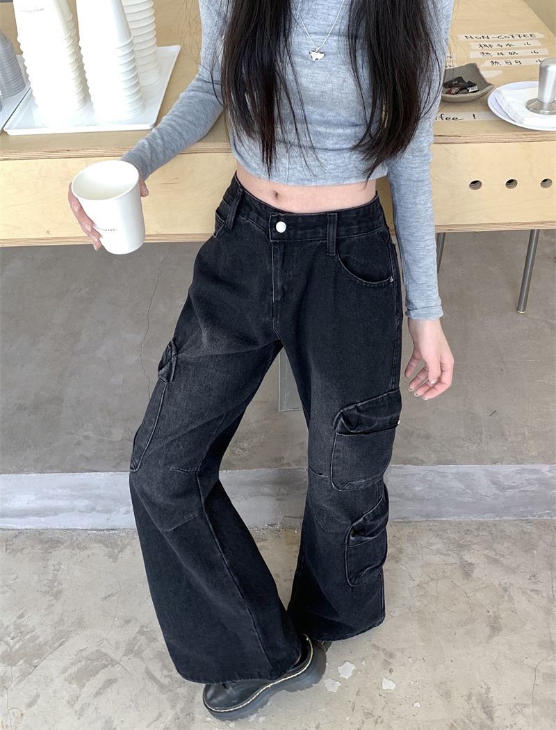 High waist speaker long pants black-gray pants for women