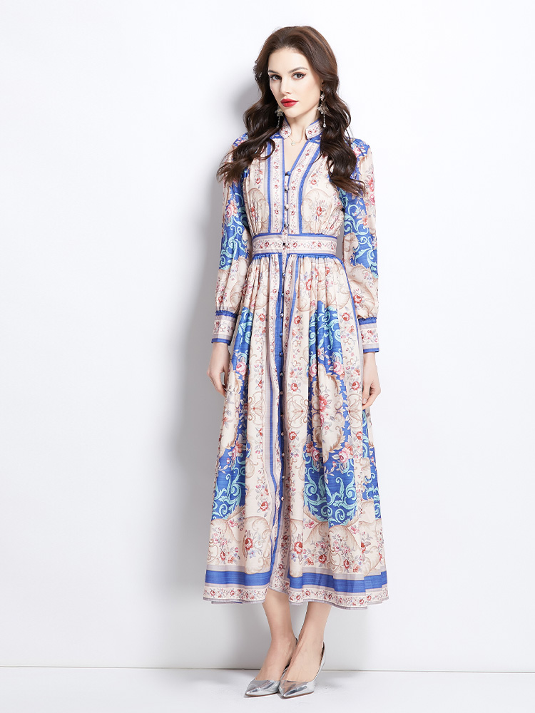 Court style printing dress classical long corset