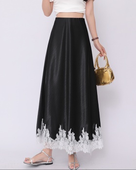 High waist satin lace package hip A-line drape skirt