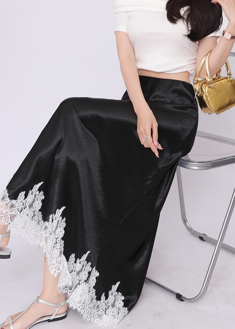 High waist satin lace package hip A-line drape skirt