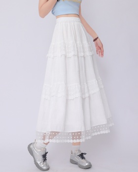 White A-line lace long dress high waist slim skirt