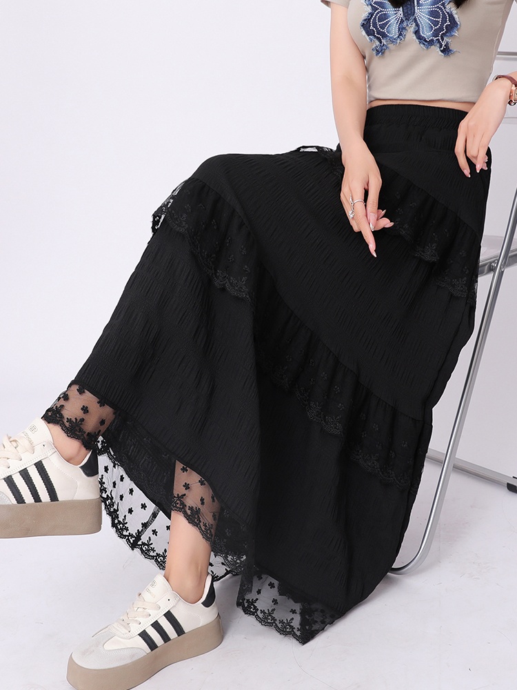 White A-line lace long dress high waist slim skirt