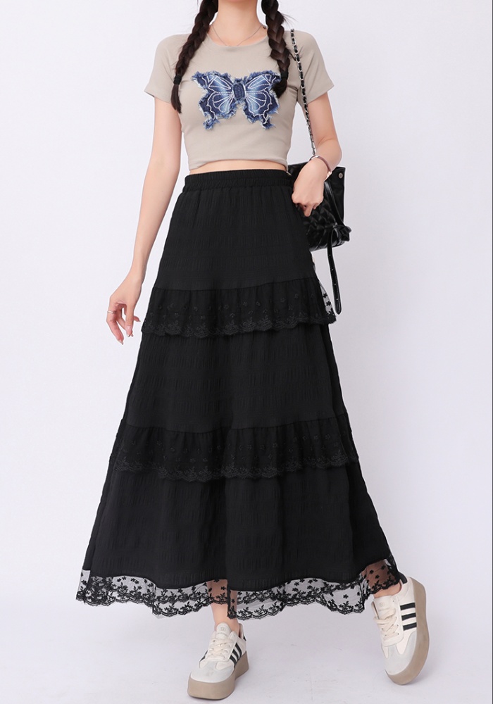 White A-line lace long dress high waist slim skirt