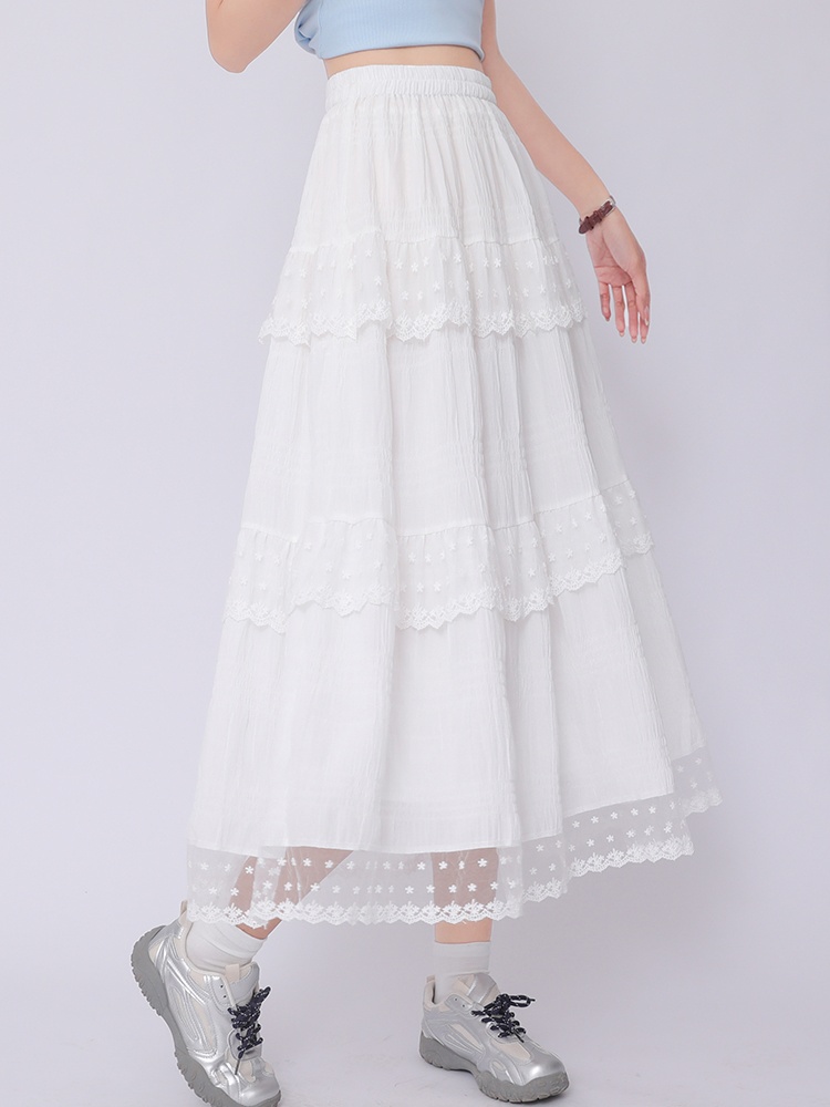 White A-line lace long dress high waist slim skirt