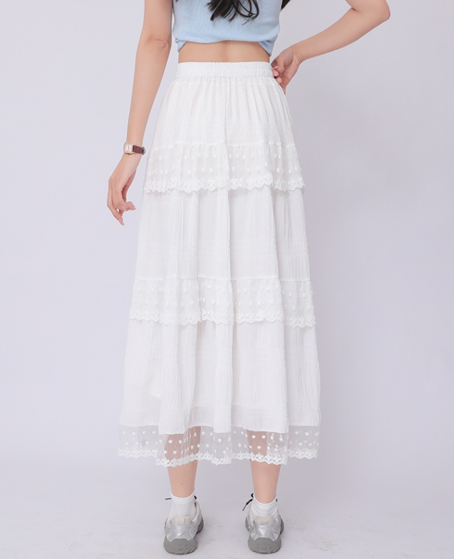 White A-line lace long dress high waist slim skirt