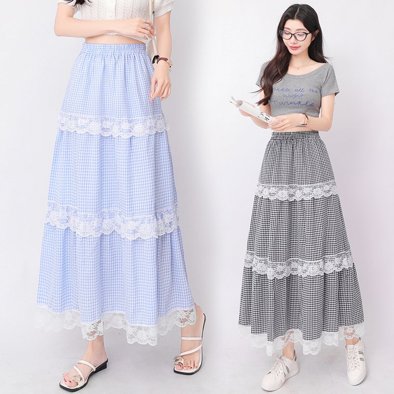 Slim high waist plaid lace big skirt A-line skirt for women