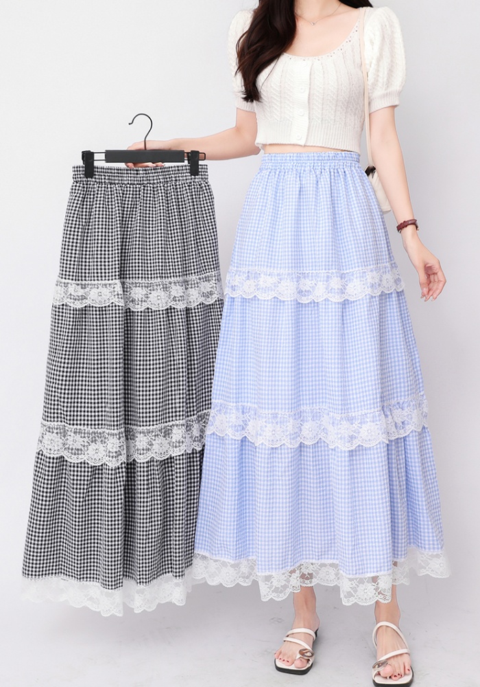 Slim high waist plaid lace big skirt A-line skirt for women