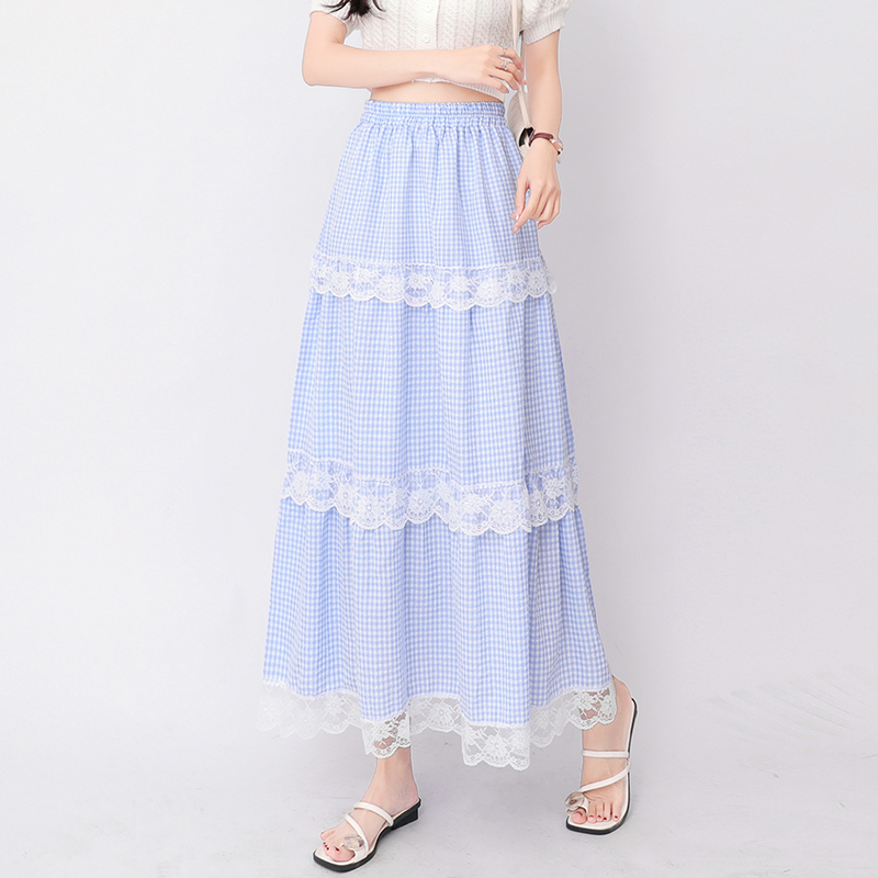 Slim high waist plaid lace big skirt A-line skirt for women