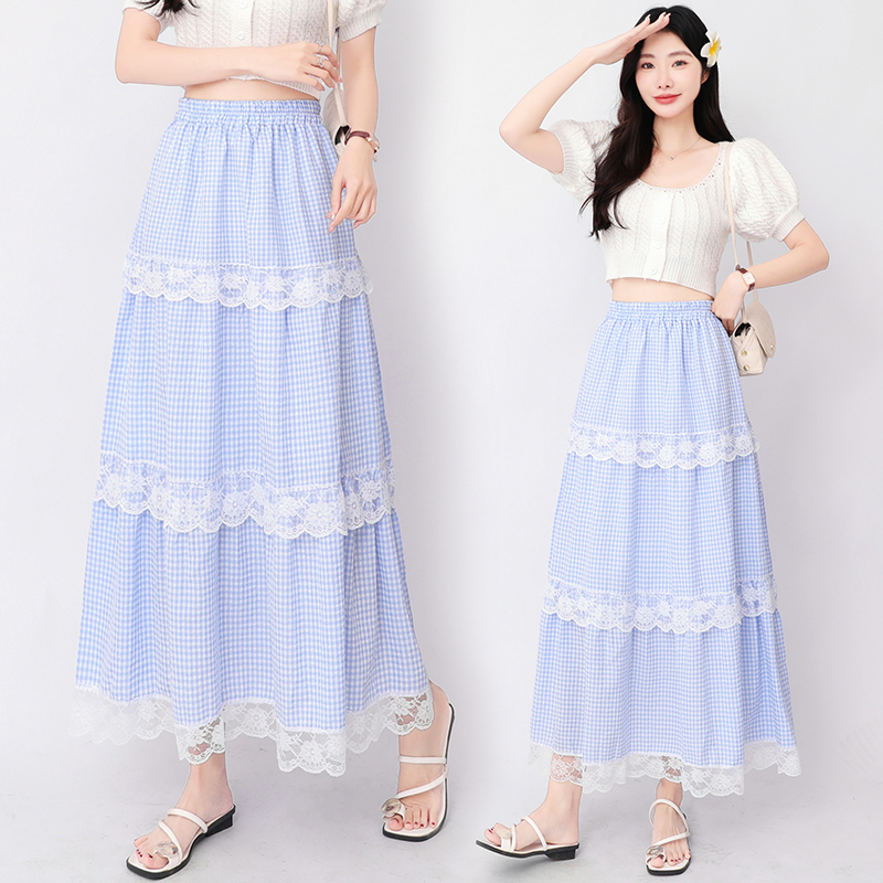 Slim high waist plaid lace big skirt A-line skirt for women