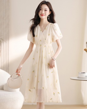 Puff sleeve temperament frenum floral dress for women