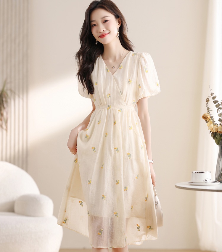 Puff sleeve temperament frenum floral dress for women