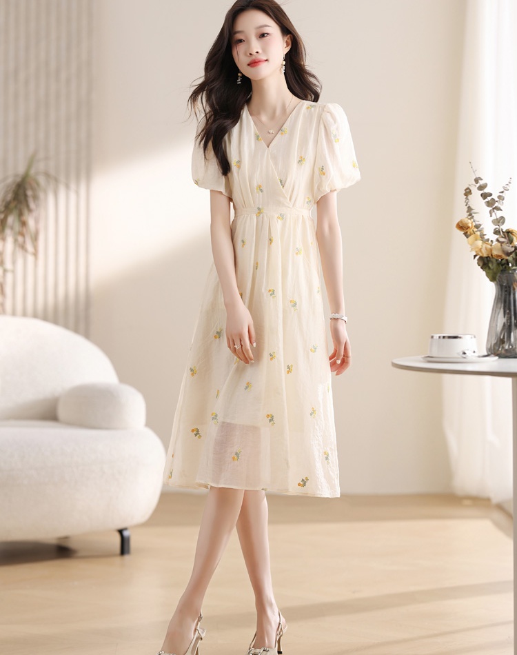 Puff sleeve temperament frenum floral dress for women