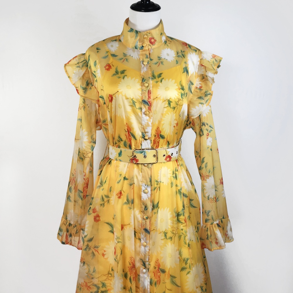 European style printing retro belt art lithe dress