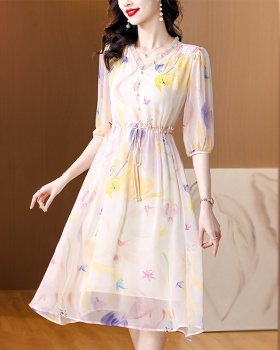 Summer V-neck silk floral pinched waist show young dress