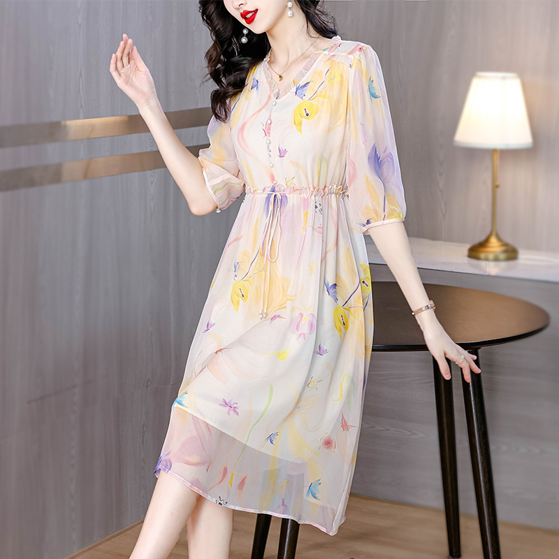 Summer V-neck silk floral pinched waist show young dress