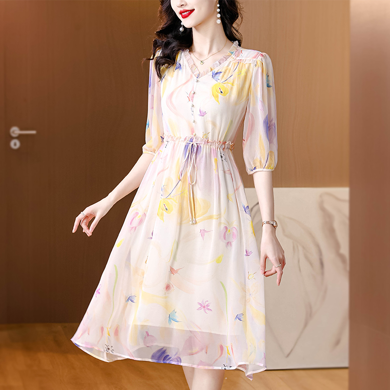 Summer V-neck silk floral pinched waist show young dress