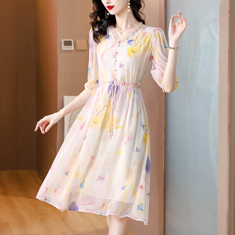 Summer V-neck silk floral pinched waist show young dress