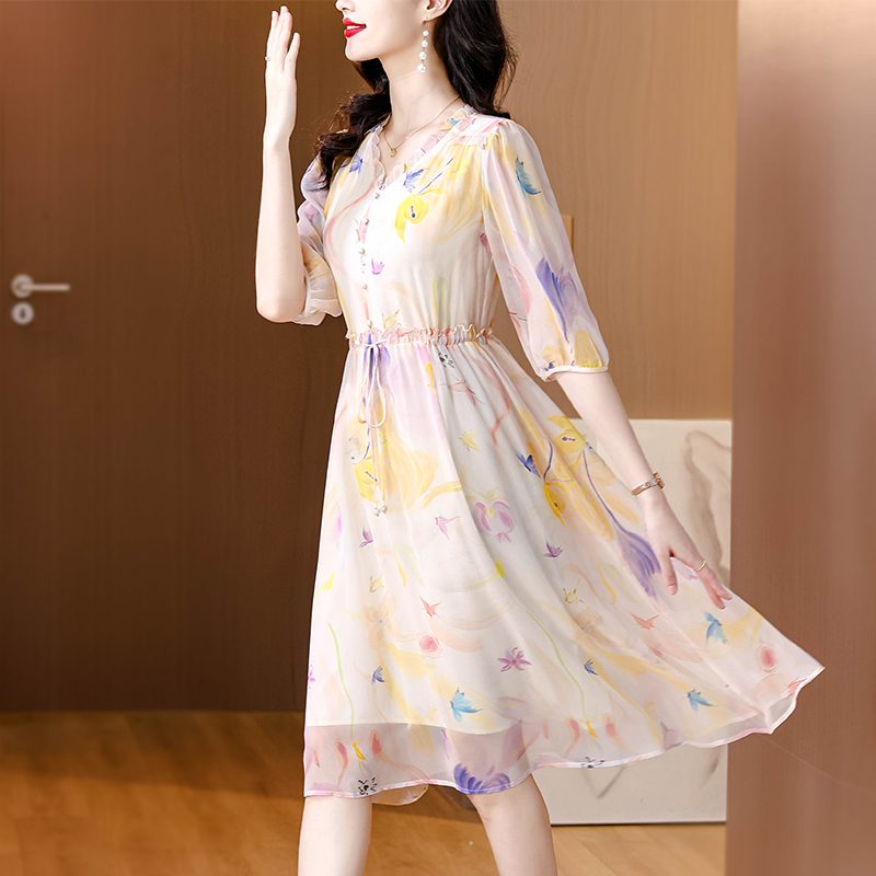 Summer V-neck silk floral pinched waist show young dress