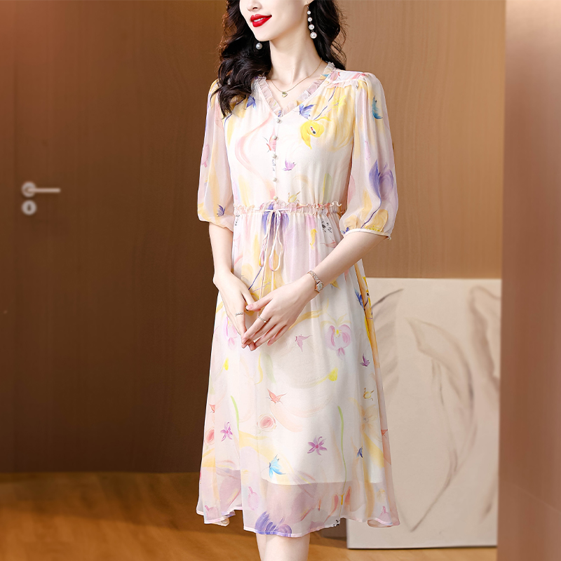 Summer V-neck silk floral pinched waist show young dress