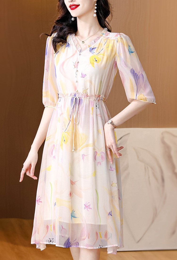 Summer V-neck silk floral pinched waist show young dress