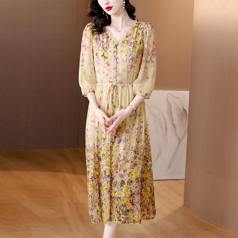 Real silk Western style silk refinement floral unique dress