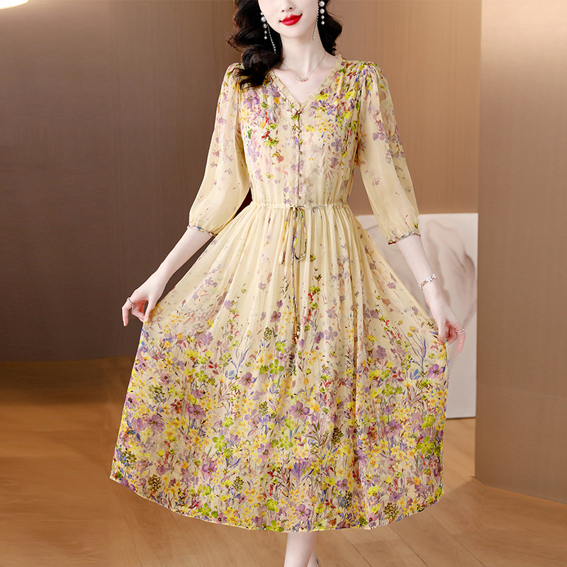 Real silk Western style silk refinement floral unique dress