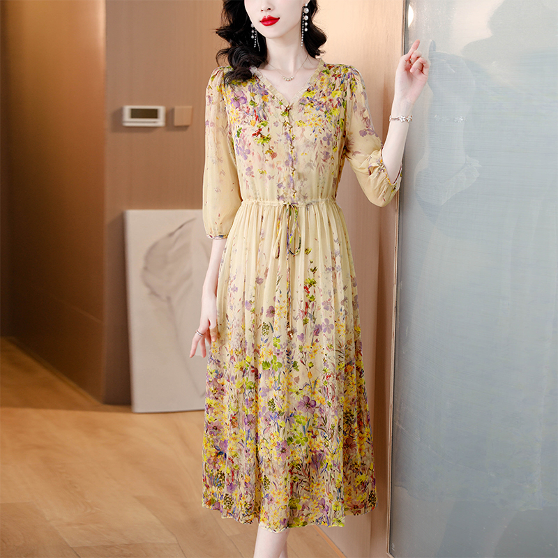 Real silk Western style silk refinement floral unique dress