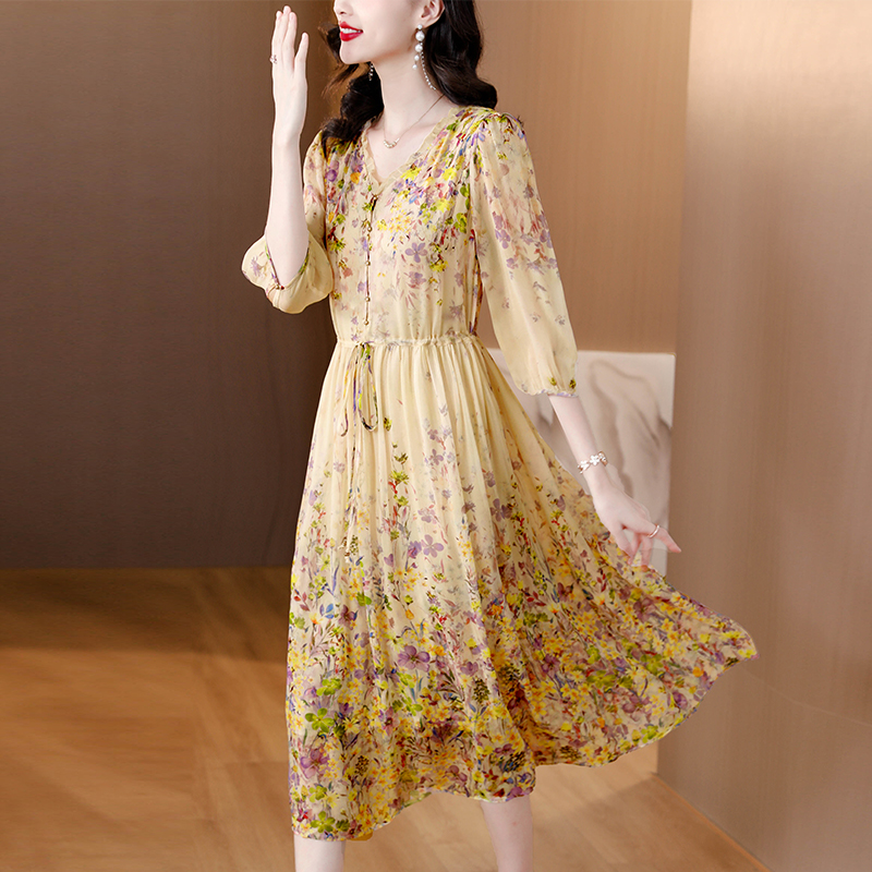 Real silk Western style silk refinement floral unique dress