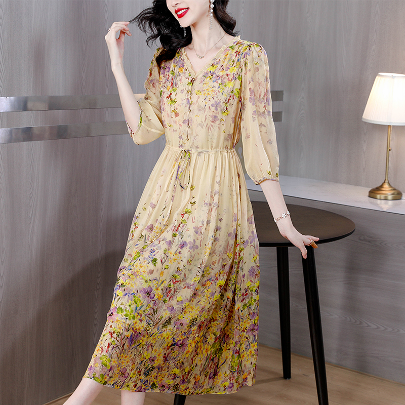 Real silk Western style silk refinement floral unique dress