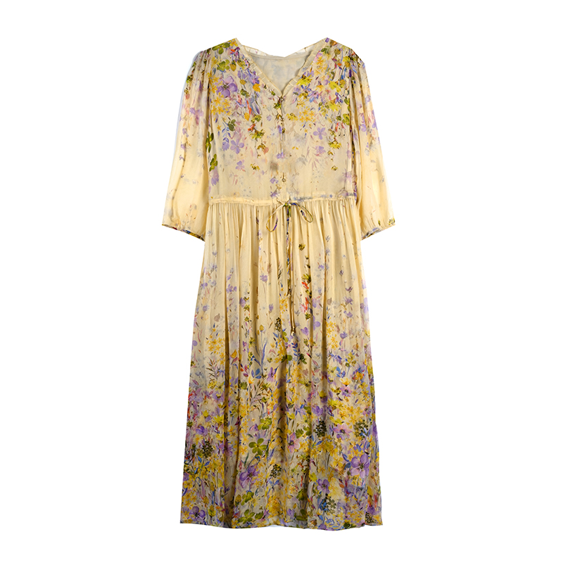 Real silk Western style silk refinement floral unique dress