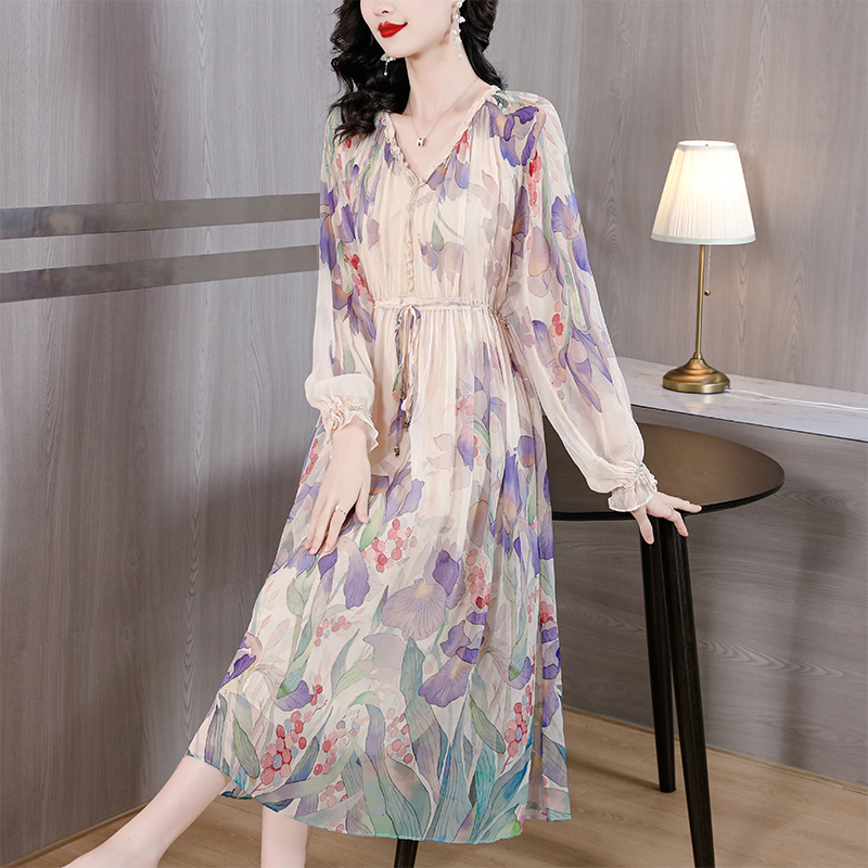 Printing real silk dress slim silk long dress for women