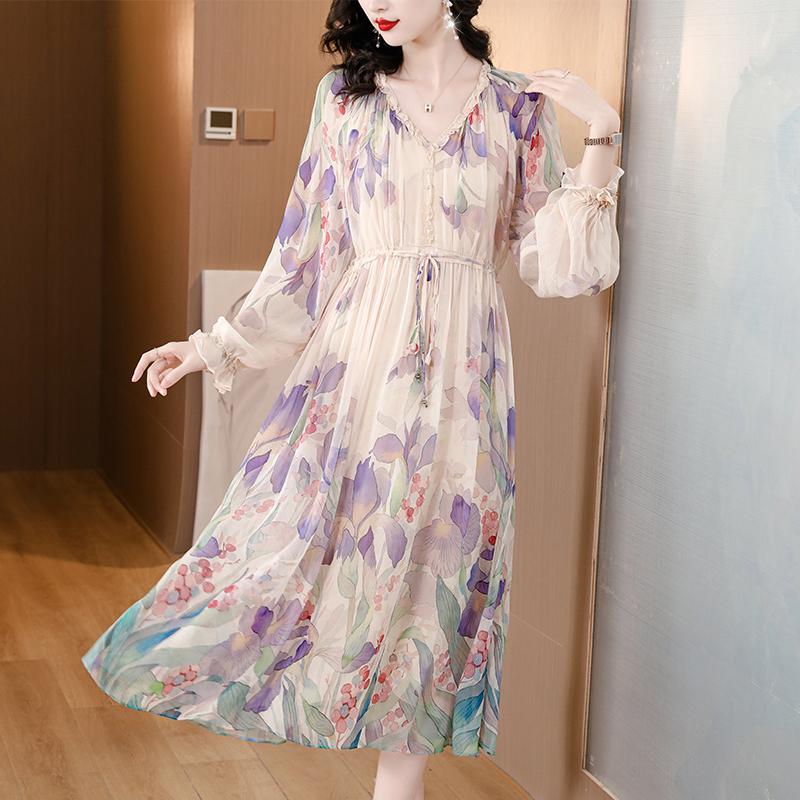 Printing real silk dress slim silk long dress for women