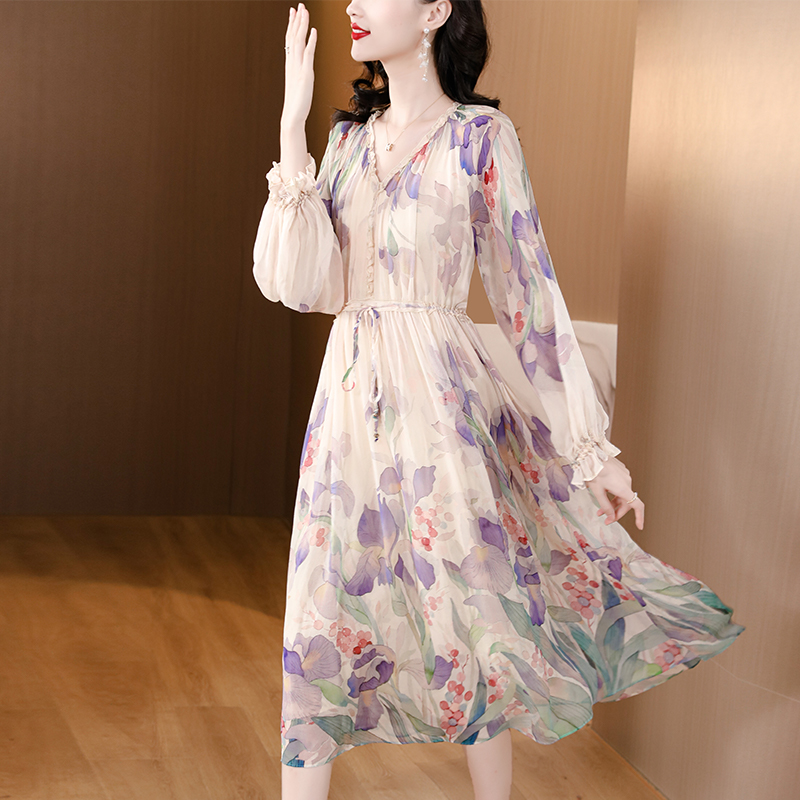 Printing real silk dress slim silk long dress for women