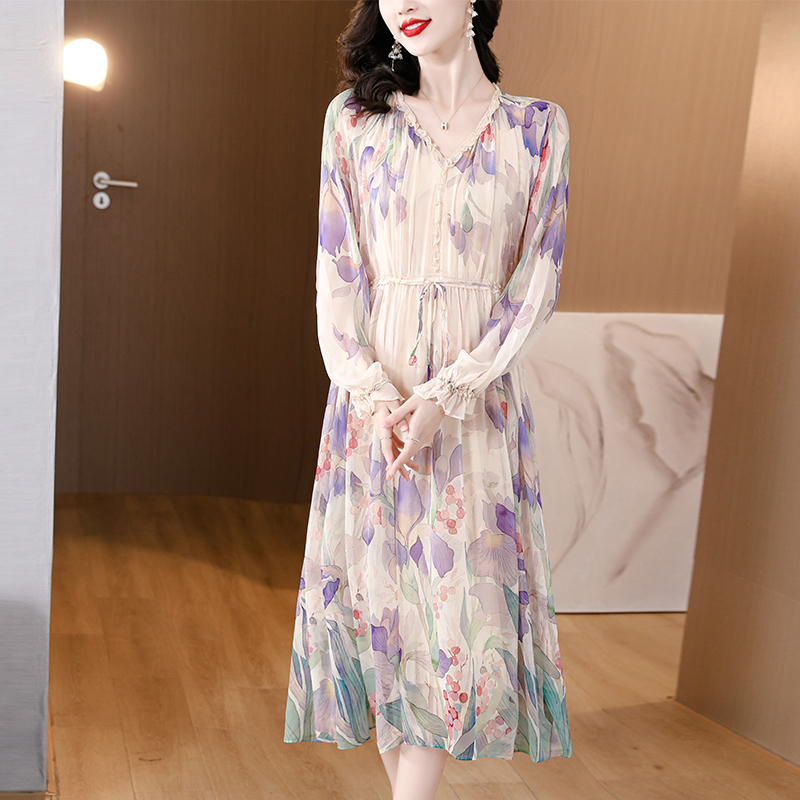 Printing real silk dress slim silk long dress for women