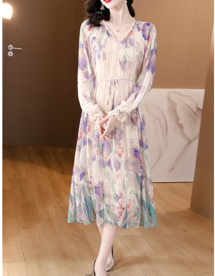 Printing real silk dress slim silk long dress for women