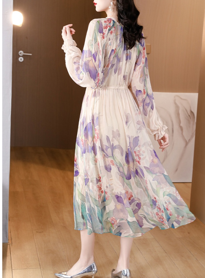 Printing real silk dress slim silk long dress for women